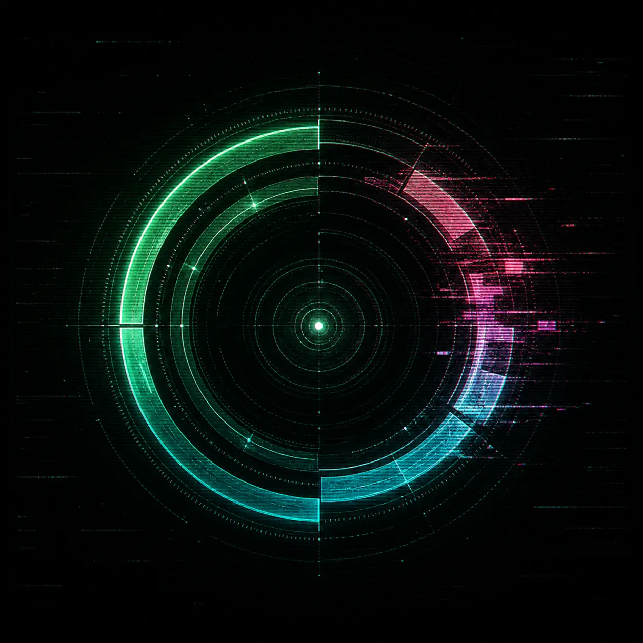 A circular green, cyan, and magenta memory interface