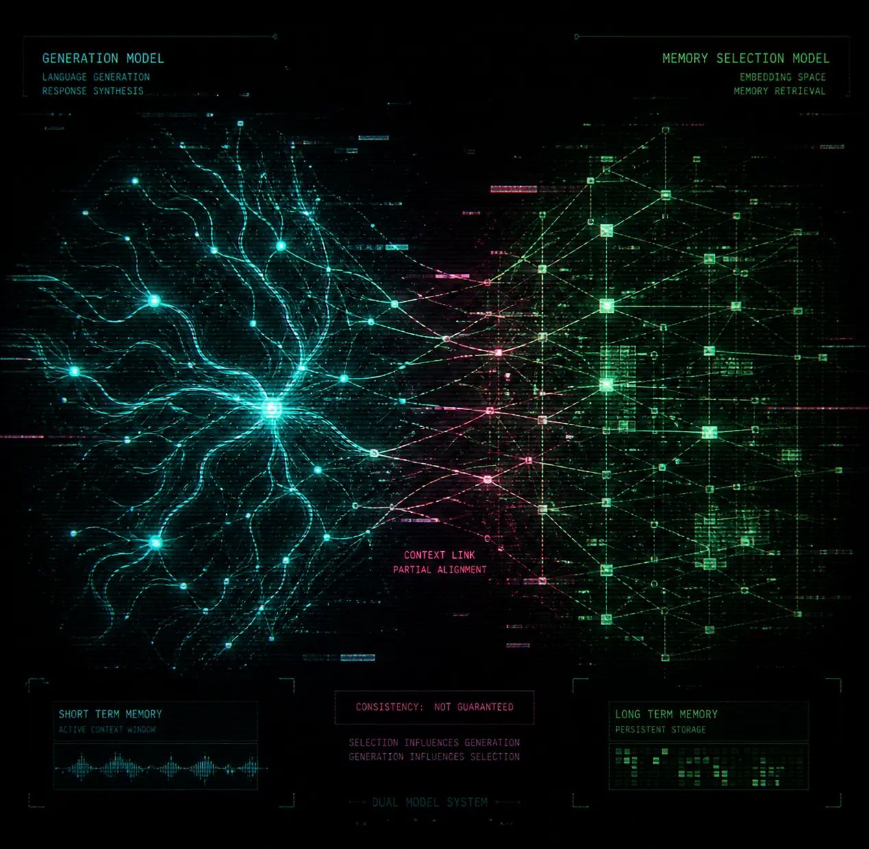 Two connected neural structures representing current context and retrieved memory